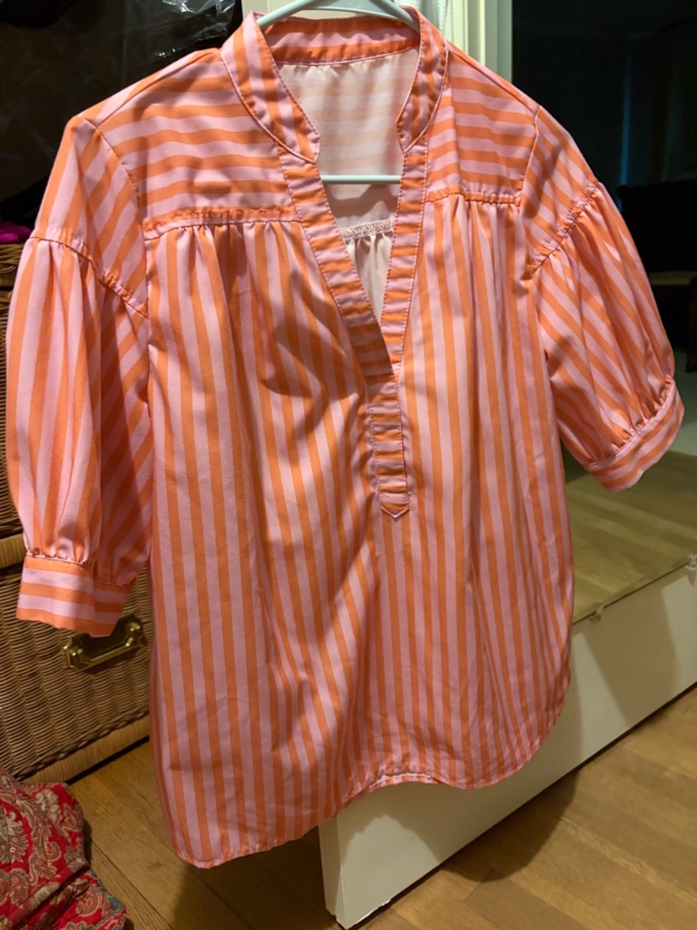 Ladies Pink & Peach Stripe Popover Top